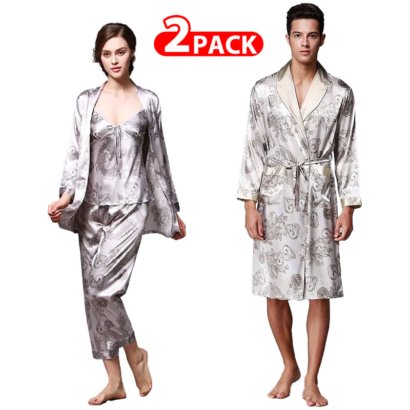 MARGOUN 2 Packs For Bathrobe Men's 2XL Women's XL Bath Robe Dressing Gown Comfortable Sleepwear Silk Lovers Nightgown Dressing Gown Dragon Pattern Silver WP032