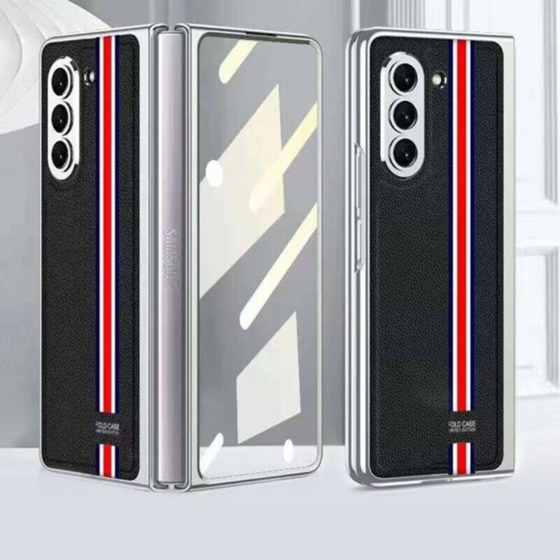 

Not Applicable MARGOUN For Samsung Galaxy Z Fold5 Case Leather Case with Screen Protector Blue Red Line Design/Black