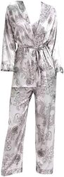MARGOUN Large Pajamas For Women Set 3 Pcs Dragon Pattern Robes Silky Pj Sets Sleepwear Cami Nightwear With Robe And Pant TZ013 - Silver