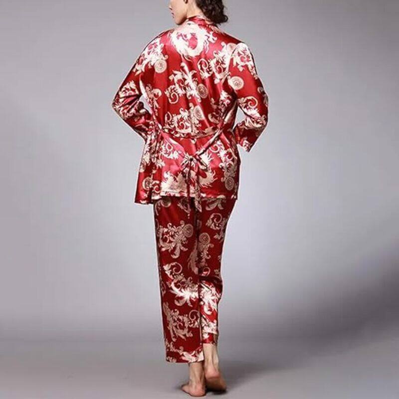 MARGOUN XL Pajamas For Women Set 3 Pcs Dragon Pattern Robes Silky Pj Sets Sleepwear Cami Nightwear With Robe And Pant TZ013 - Red