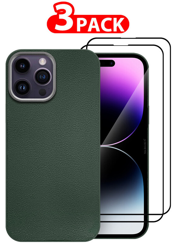 MARGOUN for iPhone 14 Pro Max 3 Pack Case Cover and 2 Screen Protectors Leather Case with Lens Frame Shockproof Full Body Protective Cover Green