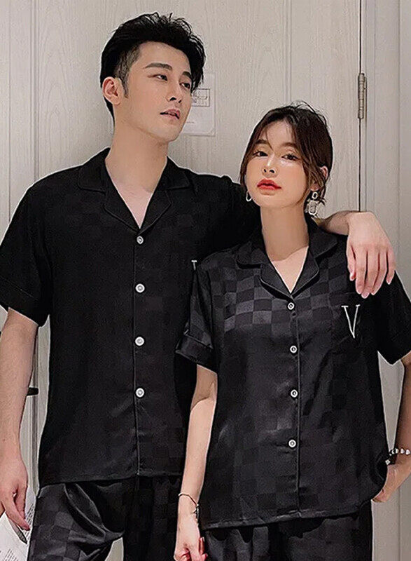 MARGOUN 2Pcs Pajama XXL Men Large Women Pajamas Houndstooth Ice Silk Homewear Sleep Suit Nightwear Short Sleeve Sleepwear Black MG08