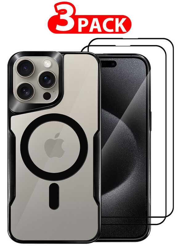 

Margoun CATANES 3 Pack for iPhone 15 Pro Max Case and 2 Screen Protectors Magnetic Phone Case Slim Shockproof Cover New Design Electroplated Case Cover Black