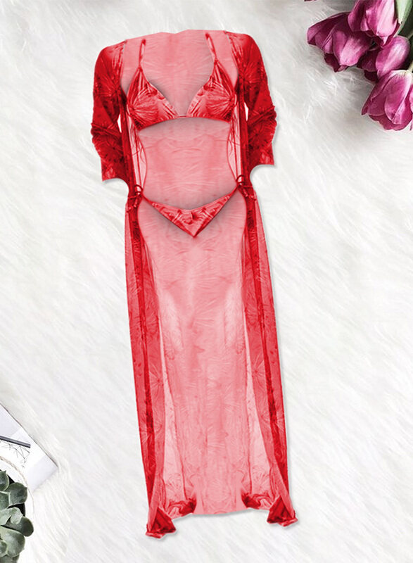 

Generic MARGOUN Small Three-piece Digital Printing Bikini Ladies Beach Sunscreen Blouse Swimsuit Long Lace Dress Sheer Dress Sheer Kimono Dress Red/ S (Lower