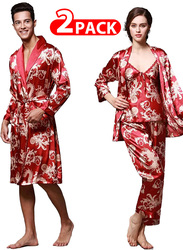 MARGOUN 2 Packs For Bathrobe Men's 2XL Women's XL Bath Robe Dressing Gown Comfortable Sleepwear Silk Lovers Nightgown Dressing Gown Dragon Pattern Red WP032