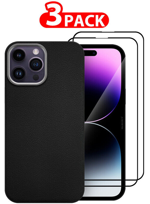 

MARGOUN for iPhone 14 Pro Max 3 Pack Case Cover and 2 Screen Protectors Leather Case with Lens Frame Shockproof Full Body Protective Cover Black