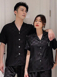 MARGOUN 2Pcs Pajama Large Men Large Women Pajamas Houndstooth Ice Silk Homewear Sleep Suit Nightwear Short Sleeve Sleepwear Black MG08