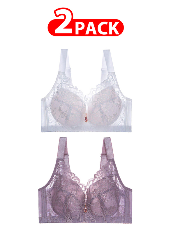 MARGOUN 2 Pack For Women's XL Size Lace Bra Wide Straps Wireless Bralettes with Full Cup Pads Bras for Ladys Women 42/95 Purple White /MGB04