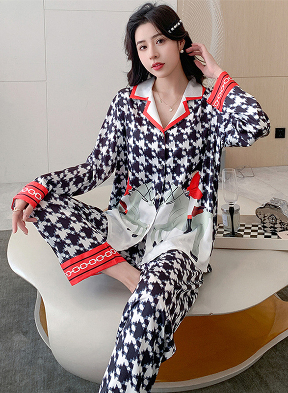 MARGOUN Large Size High Quality Women's Silk Pajamas Satin Long Sleeve Pants Set Plaid Print Cardigan Lapel Home Clothes - MG15