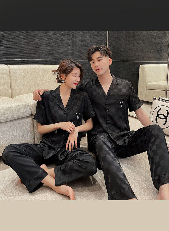 MARGOUN 2Pcs Pajama XXXL Men Large Women Pajamas Houndstooth Ice Silk Homewear Sleep Suit Nightwear Short Sleeve Sleepwear Black MG08