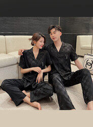 MARGOUN 2Pcs Pajama XXXL Men Large Women Pajamas Houndstooth Ice Silk Homewear Sleep Suit Nightwear Short Sleeve Sleepwear Black MG08