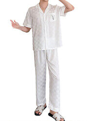 MARGOUN 2Pcs Pajama XL Men Pajamas Houndstooth Ice Silk Homewear Sleep Suit Nightwear Short Sleeve Sleepwear White MG08