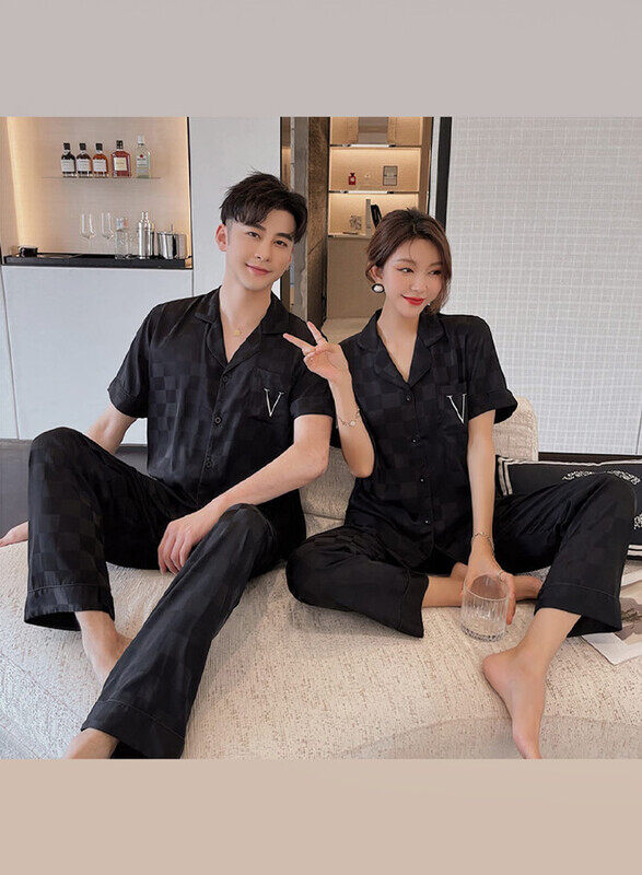 MARGOUN 2Pcs Pajama XXL Men XXL Women Pajamas Houndstooth Ice Silk Homewear Sleep Suit Nightwear Short Sleeve Sleepwear Black MG08