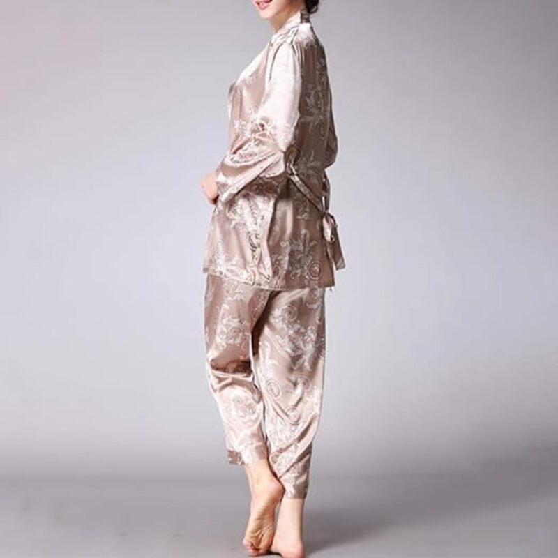 MARGOUN Large Pajamas For Women Set 3 Pcs Dragon Pattern Robes Silky Pj Sets Sleepwear Cami Nightwear With Robe And Pant TZ013 - Beige