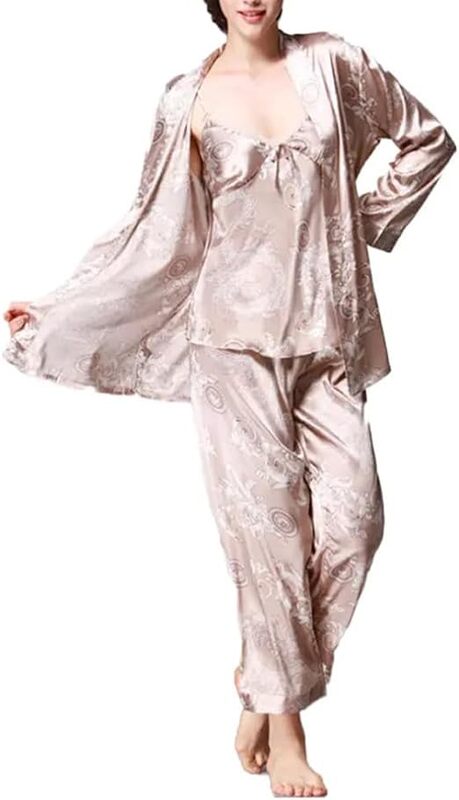 MARGOUN Medium Pajamas For Women Set 3 Pcs Dragon Pattern Robes Silky Pj Sets Sleepwear Cami Nightwear With Robe And Pant TZ013 - Beige