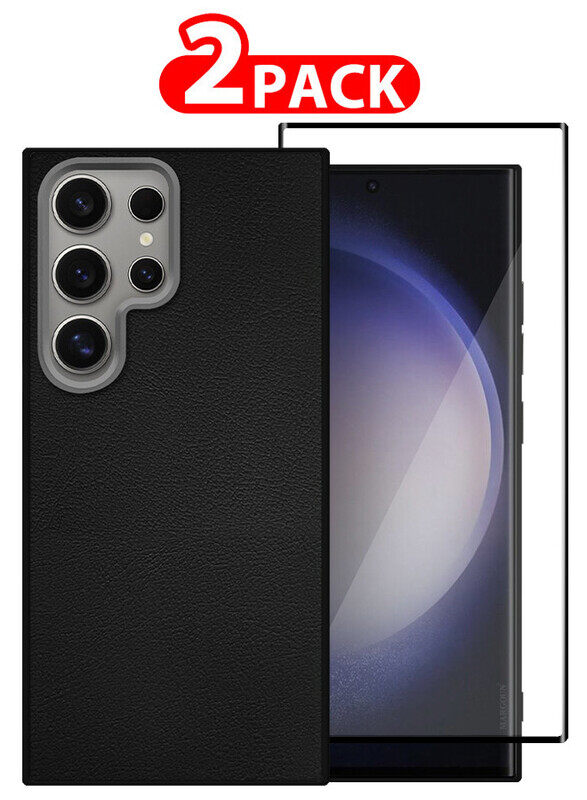 

MARGOUN (for Samsung Galaxy S23 Ultra) 2 Pack Case Cover and Screen Protector Leather Case with Lens Frame Shockproof Full Body Protective Cover Black