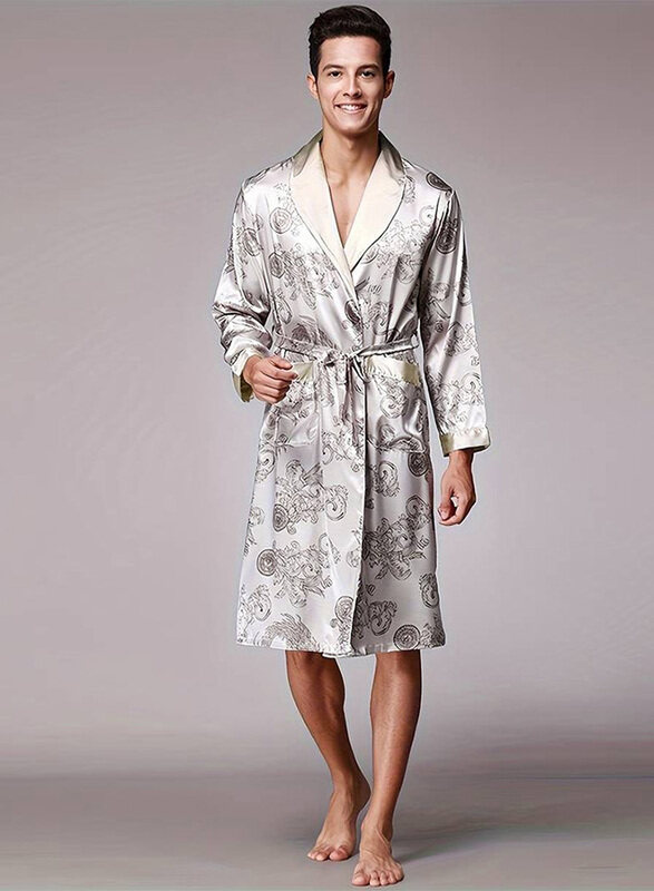 

Generic MARGOUN Bathrobe Men's XL Bath Robe Dressing Gown Comfortable Sleepwear Silk Lovers Long Special Style Sleeves Nightgown Dressing Gown Dragon Pattern