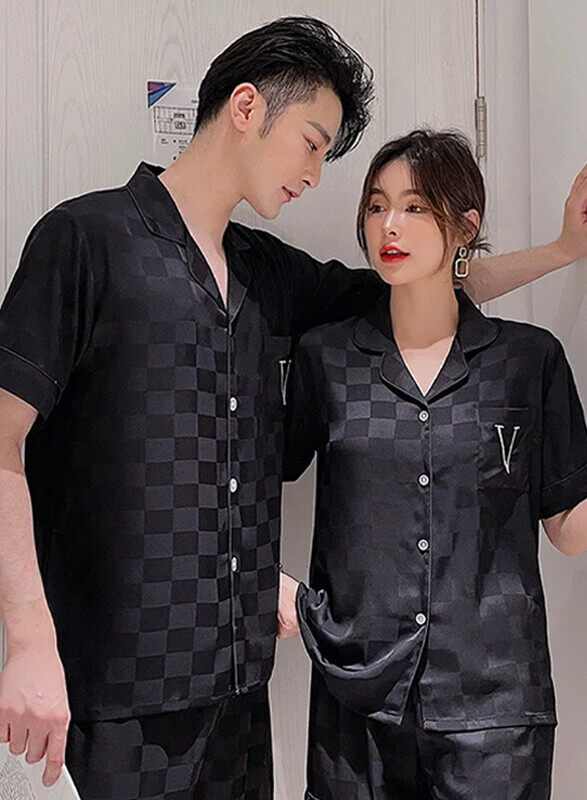 MARGOUN 2Pcs Pajama XL Men Medium Women Pajamas Houndstooth Ice Silk Homewear Sleep Suit Nightwear Short Sleeve Sleepwear Black MG08