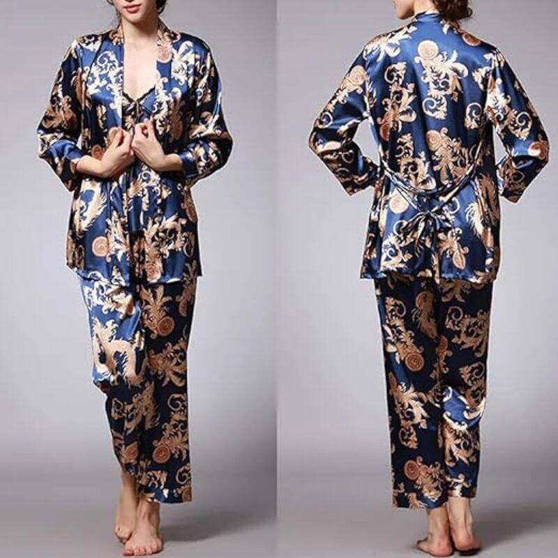 MARGOUN Medium Pajamas For Women Set 3 Pcs Dragon Pattern Robes Silky Pj Sets Sleepwear Cami Nightwear With Robe And Pant TZ013 - Blue