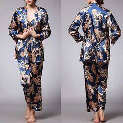 MARGOUN Medium Pajamas For Women Set 3 Pcs Dragon Pattern Robes Silky Pj Sets Sleepwear Cami Nightwear With Robe And Pant TZ013 - Blue