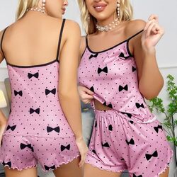 MARGOUN Large Women Print Sleepwear Push Up Two Piece Sleeveless Shorts Set Underwear Suit Pajamas,Toddler Girl Slipper Sexy Push Up T923 - Pink Bow
