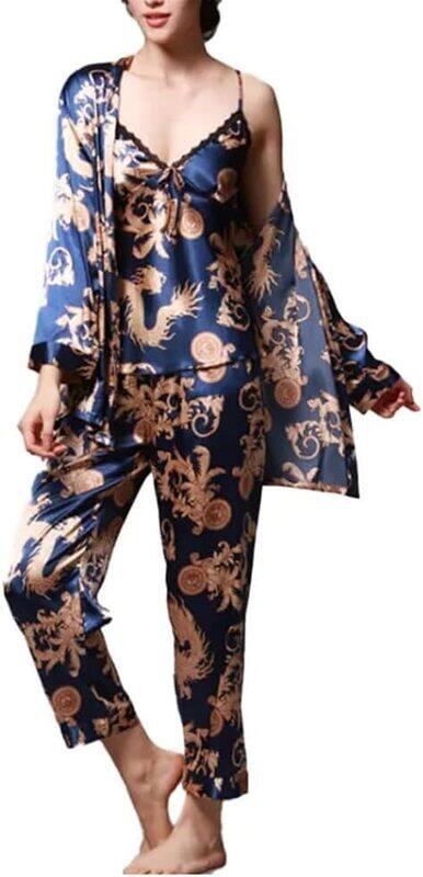 MARGOUN Medium Pajamas For Women Set 3 Pcs Dragon Pattern Robes Silky Pj Sets Sleepwear Cami Nightwear With Robe And Pant TZ013 - Blue