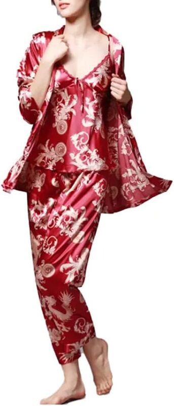 MARGOUN XL Pajamas For Women Set 3 Pcs Dragon Pattern Robes Silky Pj Sets Sleepwear Cami Nightwear With Robe And Pant TZ013 - Red
