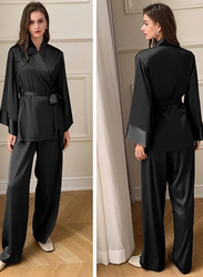 MARGOUN Women's XL Pyjama Set Long Sleeve Sleepwear Satin Two Piece Nightdress Kimono Pyjamas with Belt Tops and Trousers Black T2702