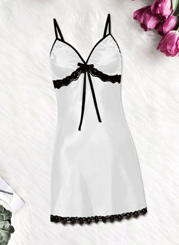 MARGOUN Women Large Size Silk Nightwear Slip Dress Pajamas Robe Sleepdress Nightdress Deep V Neck Solid Color Satin Silk Lace Comfortable White