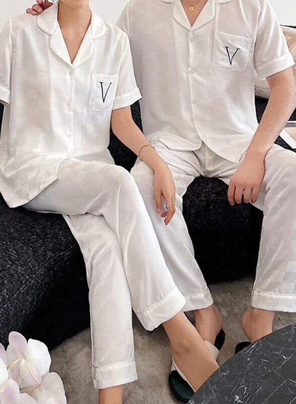 MARGOUN 2Pcs Pajama XXL Men XXL Women Pajamas Houndstooth Ice Silk Homewear Sleep Suit Nightwear Short Sleeve Sleepwear White MG08