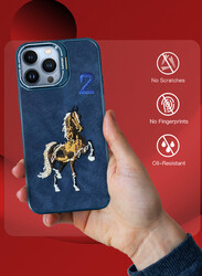MARGOUN iPhone 13 Pro Max Case Cover Horse Series Leather Case 3D Embroidery Camera Bumper Anti Fingerprint ShookProof Protection Back Cover Kickstand Case Blue