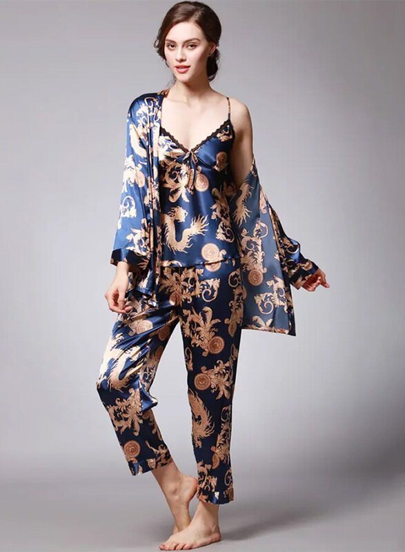 

Generic MARGOUN Bathrobe Women's Large 3 Pieces Pajamas Set Comfortable Sleepwear Silk Lovers Nightgown Dressing Gown Dragon Pattern Blue WP032