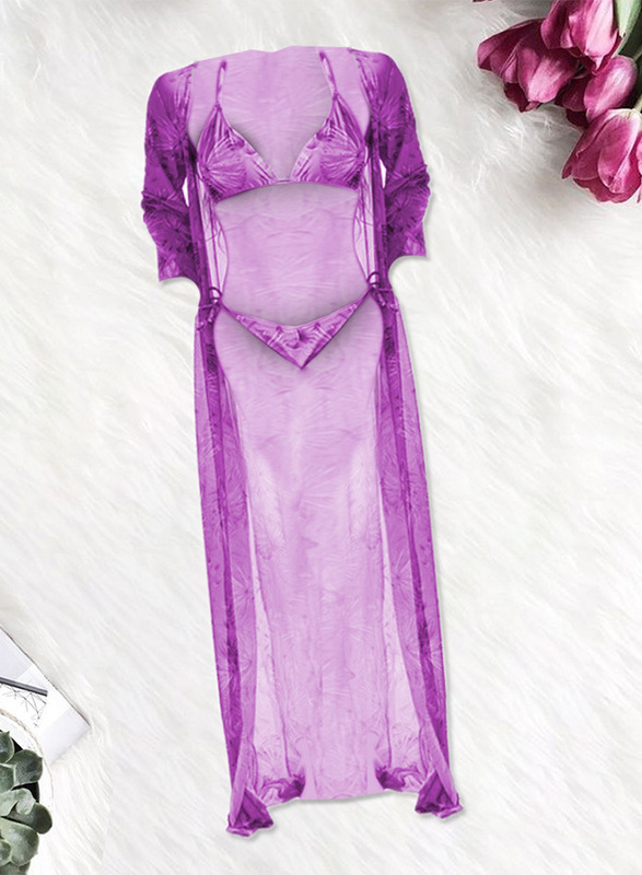 MARGOUN Large Three-piece Digital Printing Bikini Ladies Beach Sunscreen Blouse Swimsuit Long Lace Dress Sheer Dress Sheer Kimono Dress Purple/ L (Lower Bust 74/Waist 74-78)/M3109