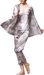 MARGOUN XXL Pajamas For Women Set 3 Pcs Dragon Pattern Robes Silky Pj Sets Sleepwear Cami Nightwear With Robe And Pant TZ013 - Silver