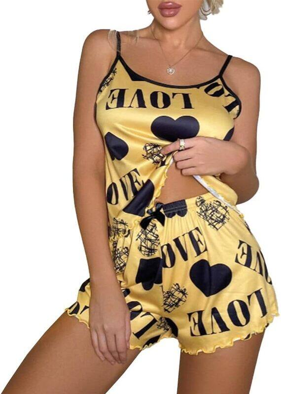 MARGOUN Large Women Print Sleepwear Push Up Two Piece Sleeveless Shorts Set Underwear Suit Pajamas,Toddler Girl Slipper Sexy Push Up T923 - Yellow Love