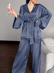 MARGOUN Women's Medium Pyjama Set Long Sleeve Sleepwear Satin Two Piece Nightdress Kimono Pyjamas with Belt Tops and Trousers Purple T2702