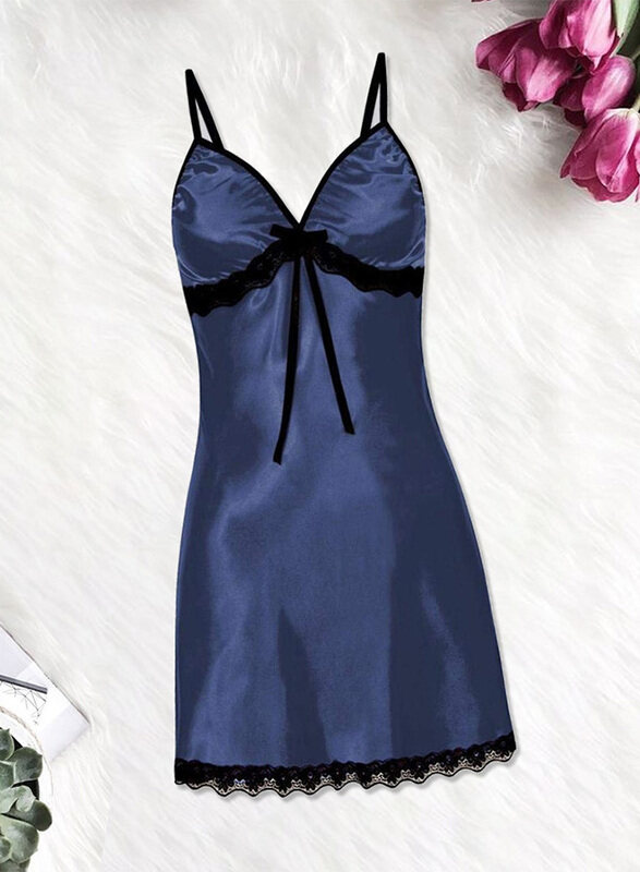 

Generic MARGOUN Women XL Size Silk Nightwear Slip Dress Pajamas Robe Sleepdress Nightdress Deep V Neck Solid Color Satin Silk Lace Comfortable Blue