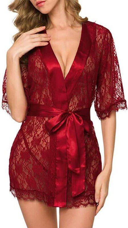 Margoun Sexy Babydoll Robe Transparent Lace Deep V-Neck Short Lingerie Sleepwear Nightwear for Women, W396, Red