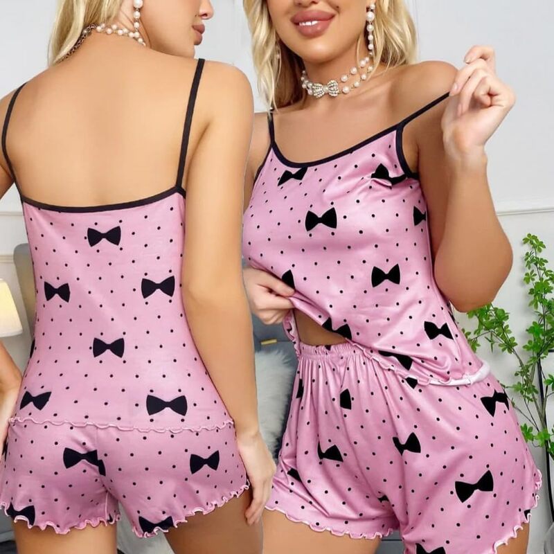 MARGOUN Small Women Print Sleepwear Push Up Two Piece Sleeveless Shorts Set Underwear Suit Pajamas,Toddler Girl Slipper Sexy Push Up T923 - Pink Bow