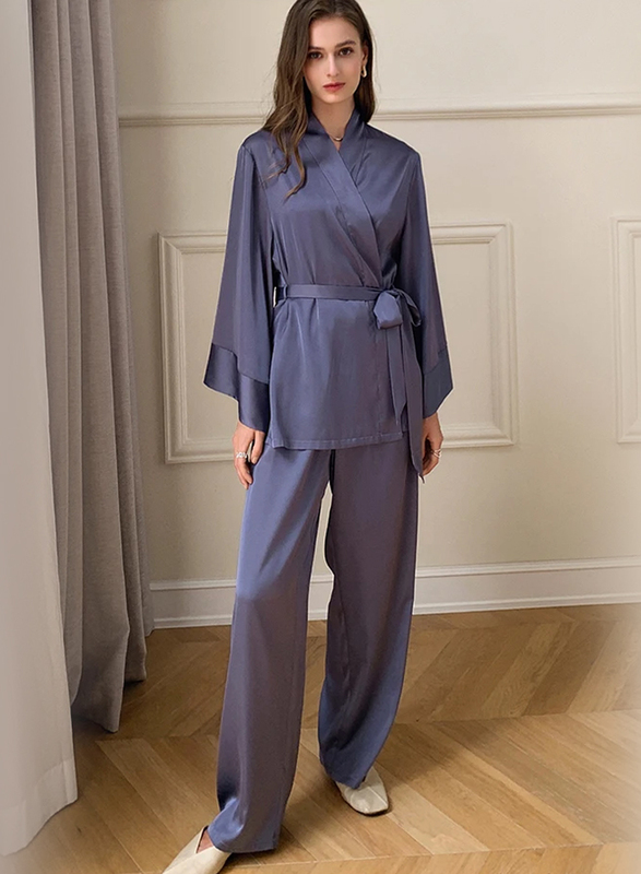 MARGOUN Women's XL Pyjama Set Long Sleeve Sleepwear Satin Two Piece Nightdress Kimono Pyjamas with Belt Tops and Trousers Purple T2702