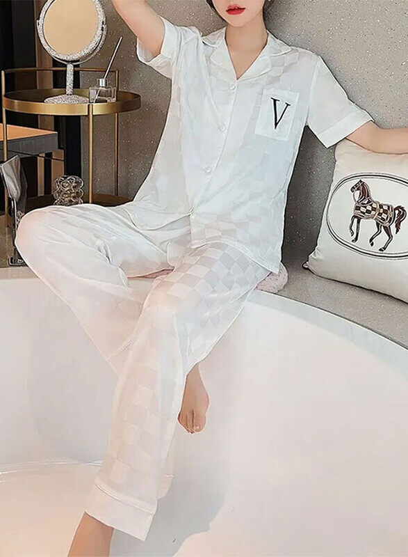 

Generic MARGOUN 2Pcs Pajama XL Women Pajamas Houndstooth Ice Silk Homewear Sleep Suit Nightwear Short Sleeve Sleepwear White MG08