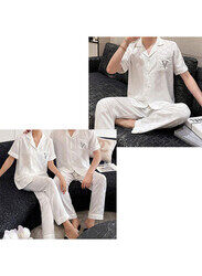 MARGOUN 2Pcs Pajama XXL Men Large Women Pajamas Houndstooth Ice Silk Homewear Sleep Suit Nightwear Short Sleeve Sleepwear White MG08