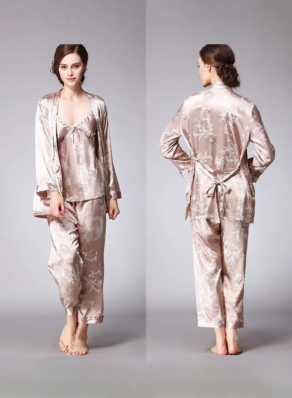 MARGOUN Bathrobe Women's XXL 3 Pieces Pajamas Set Comfortable Sleepwear Silk Lovers Nightgown Dressing Gown Dragon Pattern Beige WP032