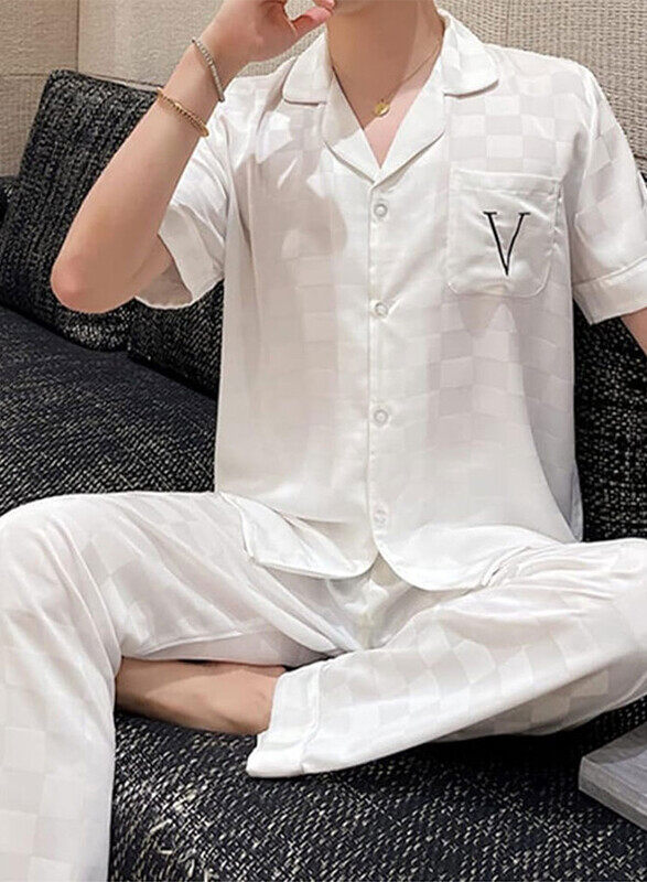 MARGOUN 2Pcs Pajama XXXL Men Pajamas Houndstooth Ice Silk Homewear Sleep Suit Nightwear Short Sleeve Sleepwear White MG08