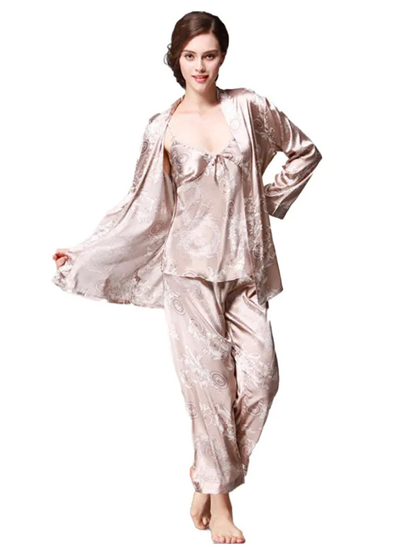 MARGOUN Bathrobe Women's Large 3 Pieces Pajamas Set Comfortable Sleepwear Silk Lovers Nightgown Dressing Gown Dragon Pattern Beige WP032