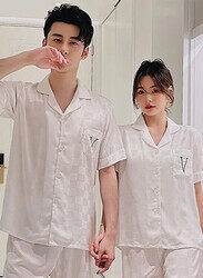 MARGOUN 2Pcs Pajama XXL Men Large Women Pajamas Houndstooth Ice Silk Homewear Sleep Suit Nightwear Short Sleeve Sleepwear White MG08