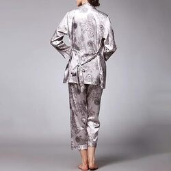 MARGOUN Large Pajamas For Women Set 3 Pcs Dragon Pattern Robes Silky Pj Sets Sleepwear Cami Nightwear With Robe And Pant TZ013 - Silver