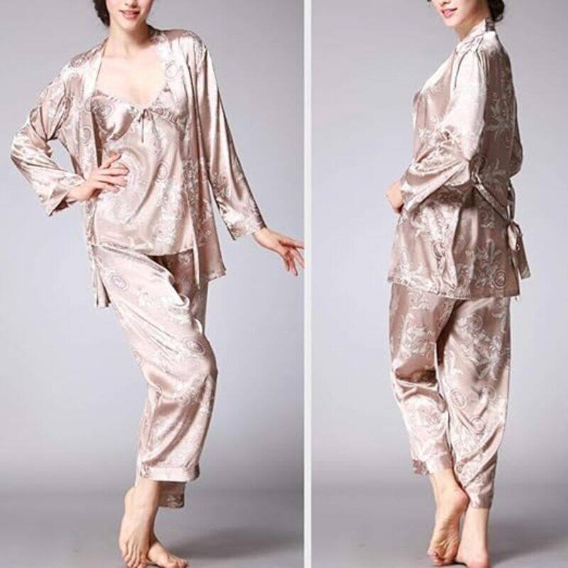 MARGOUN XL Pajamas For Women Set 3 Pcs Dragon Pattern Robes Silky Pj Sets Sleepwear Cami Nightwear With Robe And Pant TZ013 - Beige