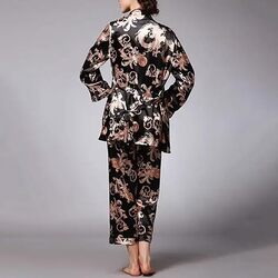 MARGOUN Medium Pajamas For Women Set 3 Pcs Dragon Pattern Robes Silky Pj Sets Sleepwear Cami Nightwear With Robe And Pant TZ013 - Black