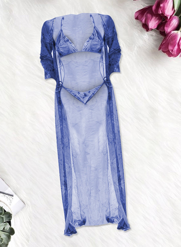 MARGOUN Large Three-piece Digital Printing Bikini Ladies Beach Sunscreen Blouse Swimsuit Long Lace Dress Sheer Dress Sheer Kimono Dress Blue/ L (Lower Bust 74/Waist 74-78)/M3109